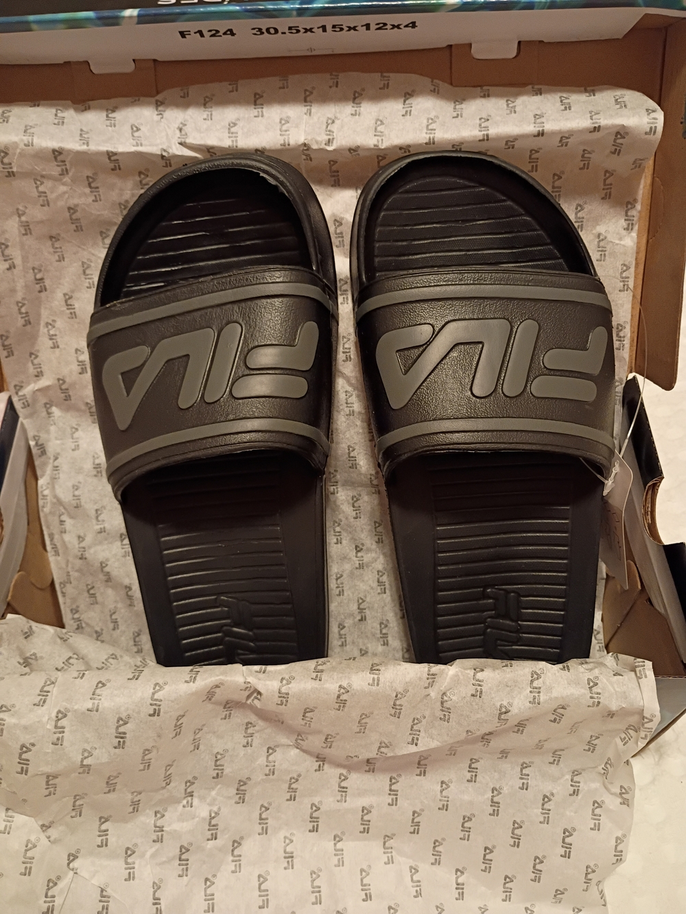 Fila Men's/ Women's Black Slide Sandals with Gray Logo